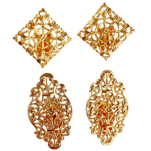 VTG Lot of 2 Clip On Earrings Gold Tone Filigree Ornate Costume Jewelry - Picture 1 of 11